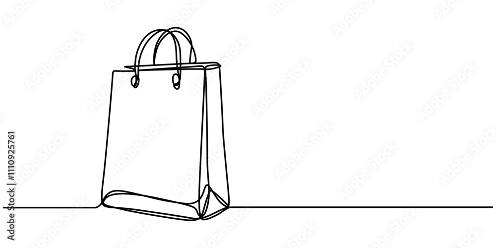 Poster Continuous single line drawing of shopping bag design. Simple paper bag one line vector illustration, Continuous one line drawing of paper bag with the  sale word, Continuous Line Drawing of Reusable.