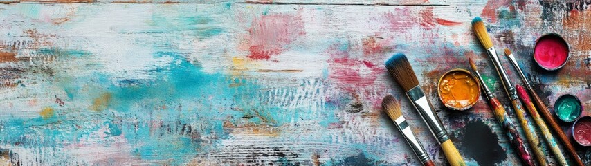 Fototapeta premium Artistic Supplies Close-Up, vibrant watercolor paints and brushes artfully arranged on a rustic wooden table, embodying the spirit of creativity and inspiration.