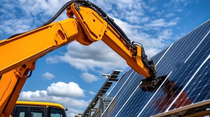 Fototapeta premium A yellow excavator arm installs solar panels under a bright blue sky, highlighting renewable energy advancements and construction technology.