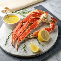 Alaskan king crab legs with melted butter and lemon wedges on a marble platter
