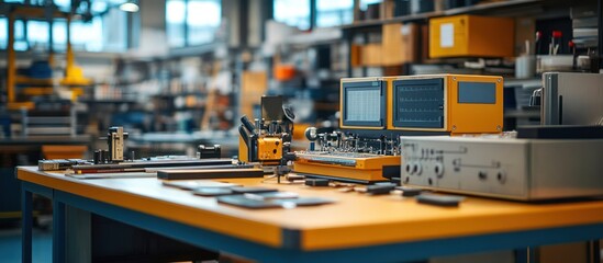 Closeup of a workbench in a factory with various tools and electronic devices.