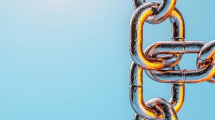 Obraz premium A photostock of a chain with shiny metal links, arranged horizontally on a white background for strength and security concepts. High Quality