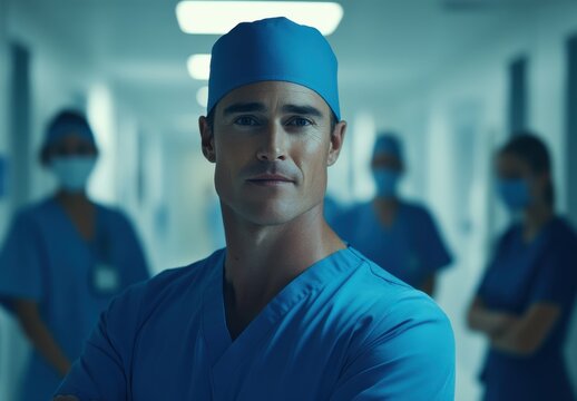 Healthcare professionals work diligently in a hospital corridor as a confident doctor stands at the forefront wearing scrubs and a surgical cap during a busy shift