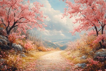 Cherry blossoms and forest with road