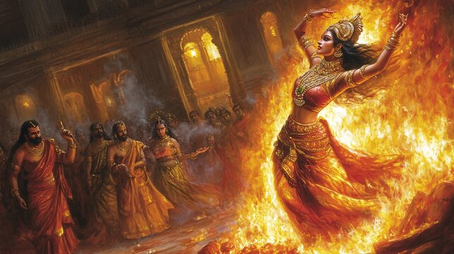 Draupadi emerging from the fire during her Swayamvara, with the Pandavas and Kauravas present