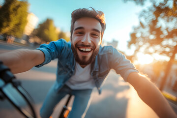 Fototapeta premium A young man rides his bicycle with a big smile on his face, enjoying a sunny day in the city