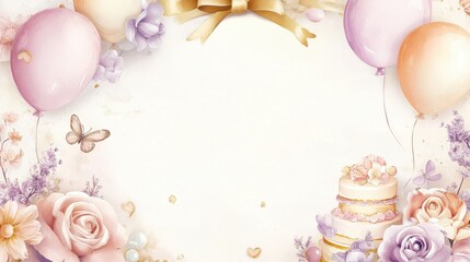 Celebrate special occasions with a beautifully designed background featuring balloons, flowers, and a cake for invitations and decorations both elegant and charming
