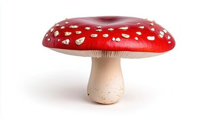 Obraz premium A photostock of a red Amanita mushroom with white spots, placed on a clean white background, perfect for natural or fantasy designs. High Quality