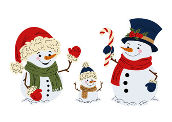 Set cute snowman with candy cane, hat and scarf. Christmas character for cards, posters, prints. Vector illustration on white background.