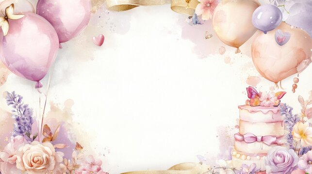 Festive celebration background featuring pastel balloons, floral accents, and a three-tiered cake suitable for invitations and party decorations