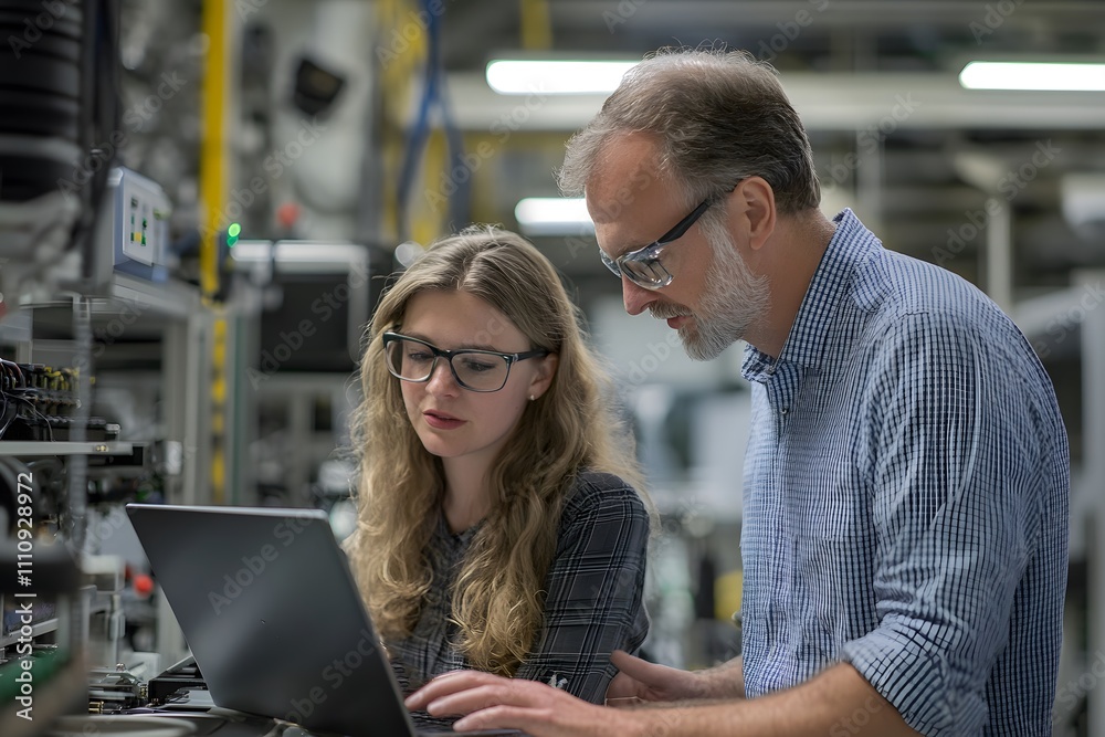 Poster Focused Team Collaborating in High-Tech Laboratory Setting with Laptop, Exploring Innovative Solutions in Engineering and Science Environments