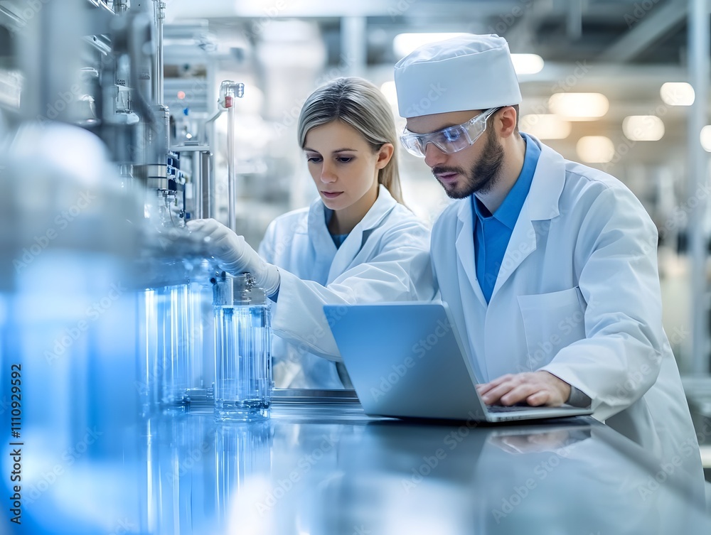 Poster professionals in protective gear analyzing data on laptop in modern laboratory setting during biotec