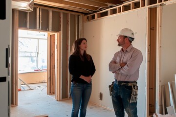 Engaging discussion between a designer and contractor in a home renovation. Generative AI