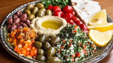 Photo of, A colorful plate of Mediterranean mezze platter featuring hummus, tabbouleh