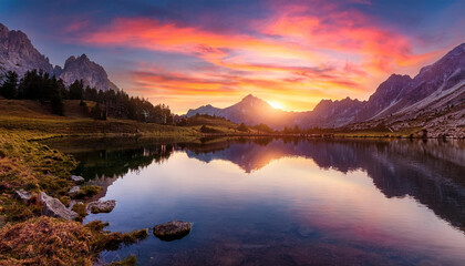 Fototapeta premium a serene mountain landscape at sunset with vivid colors