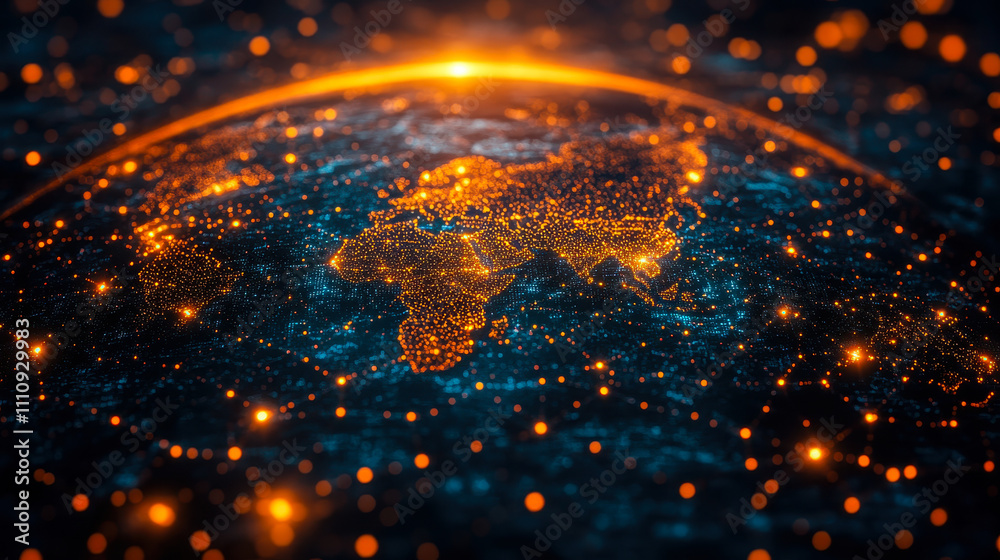 Poster global digital connectivity: illuminated network globe with glowing points and lines representing wo
