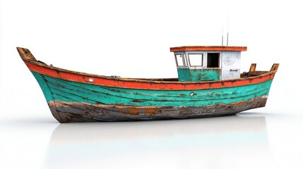 Obraz premium A photostock of a traditional fishing boat floating on calm water, isolated on a clean white background, perfect for marine, travel, or adventure concepts. High Quality