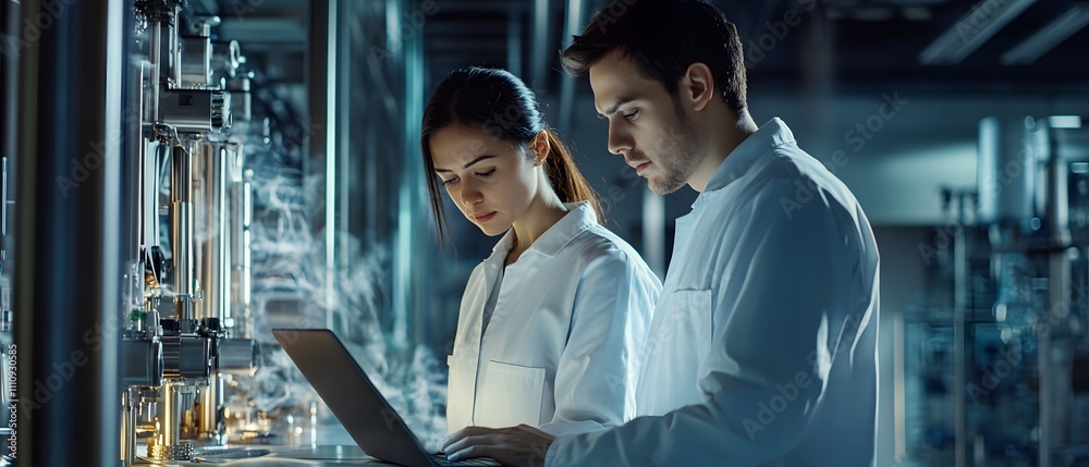 Leinwandbilder scientists collaborating in laboratory environment, analyzing data on laptop while conducting resear