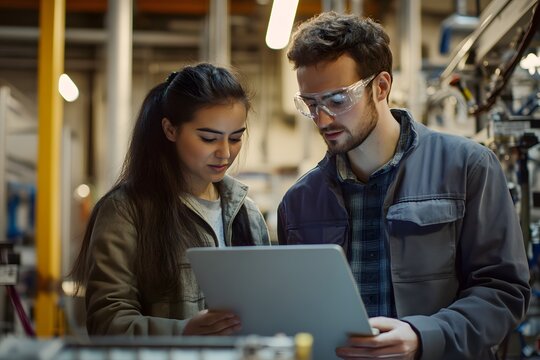 Two Engineers Collaborating on a Laptop in a Modern Industrial Facility, Analyzing Data and Discussing Project Progress with Focused Expressions and Safety Gear