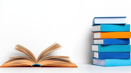 A photostock of an open book with stacked hardcover books next to it, arranged neatly on a white background for educational themes. High Quality