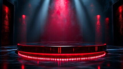 Circular podium made of polished black glass, with a red spotlight shining from above, creating a dramatic effect.