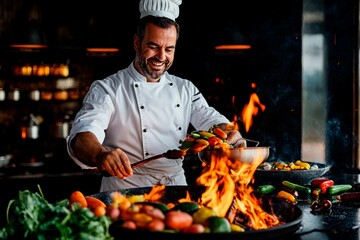 Master chef skillfully prepares vibrant vegetables over a roaring fire. Generative AI