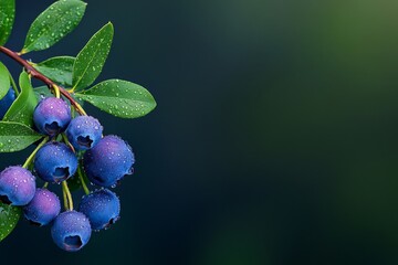 Close-Up of Fresh Dew-Covered Blueberries on a Branch Against a Vibrant Green Background