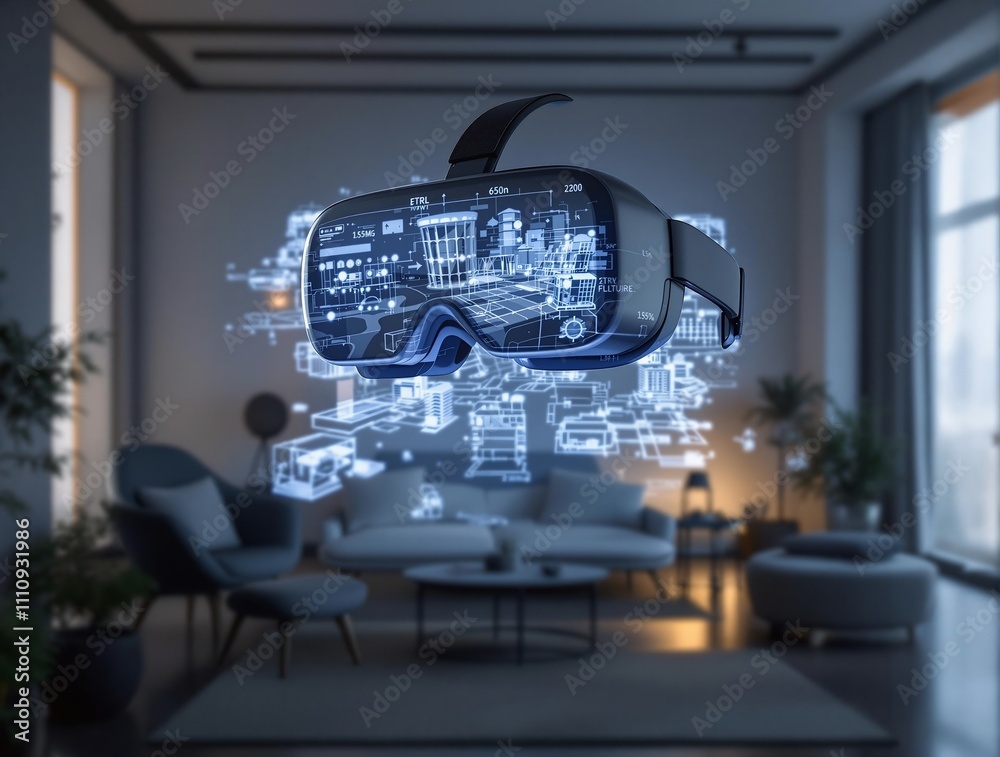 Poster A hyperrealistic image of virtual reality glasses projecting a 3D map in a dark room