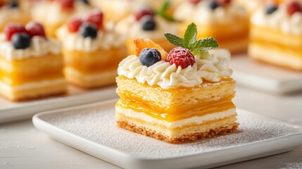 Delicious Lemon Cake Slice with Whipped Cream and Fresh Berries on White Plate - Perfect for Dessert Lovers Embracing Vibrant and Sweet Treats in 2023 Stock Photography