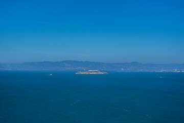Alcatraz Island from the Golden Gate Bridge, San Francisco, California, United States.