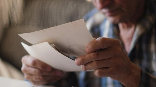 an elderly man of advanced age 70-80 years old and looks at old family photos sitting at home at the table, family values ​​and traditions, the concept of nostalgia, memory of the past