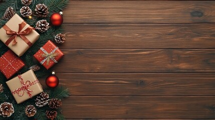 A rustic wooden surface adorned with neatly wrapped Christmas gifts, red ornaments, pinecones, and evergreen branches, creating a warm and inviting holiday scene.