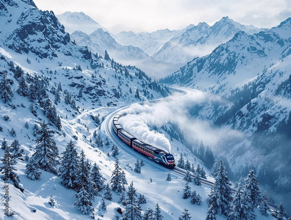 Poster a cinematic shot of a train winding through a snowy mountain range, with steam creating soft trails 