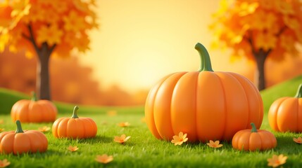 Enchanting autumn scene: plump pumpkins bask in the warm sunset glow, nestled amongst vibrant green grass and cheerful orange flowers. A picturesque harvest moment!