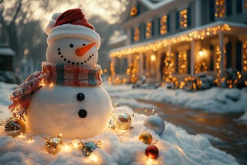 Obraz premium Joyful snowman adorned with festive decorations stands in snowy yard beside a beautifully lit house during winter evening