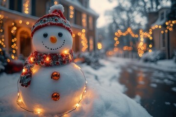 Obraz premium Snowman decorated with lights in a winter wonderland on a snowy evening with festive holiday ambiance