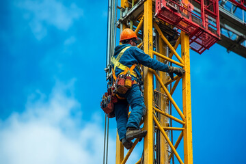 Fototapeta premium Construction worker climbing a crane mast wearing safety equipment and hardhat, ensuring workplace safety