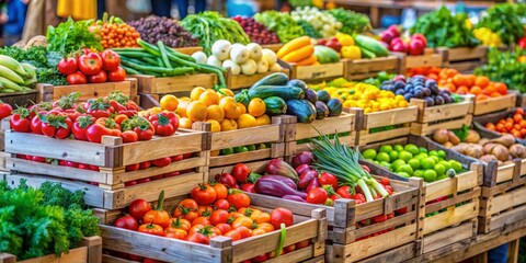 Vibrant Fresh Produce Harvest in Wooden Crates at Outdoor Market - Colorful Abundance of Fruits and Vegetables in Rustic Display, Sunny Market Scene, Food Photography Concept