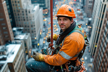 Construction worker wearing safety equipment and sitting high above city street working on skyscraper