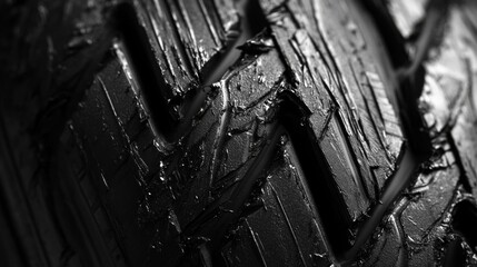 Close-up Black and White Image of a Tire Tread Pattern