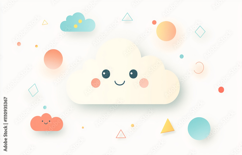 Poster cute cartoon clouds with smiling faces and colorful geometric shapes in a playful design