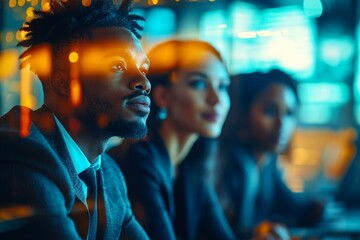 Diverse business team focusing on presentation in modern office at night