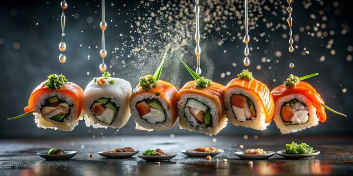 Sophisticated Sushi Delight Vibrant Flavors in Floating Elegance, High-Contrast Gastronomic Artistry for Culinary Concepts and Fine Dining - Japanese Cuisine Advertising