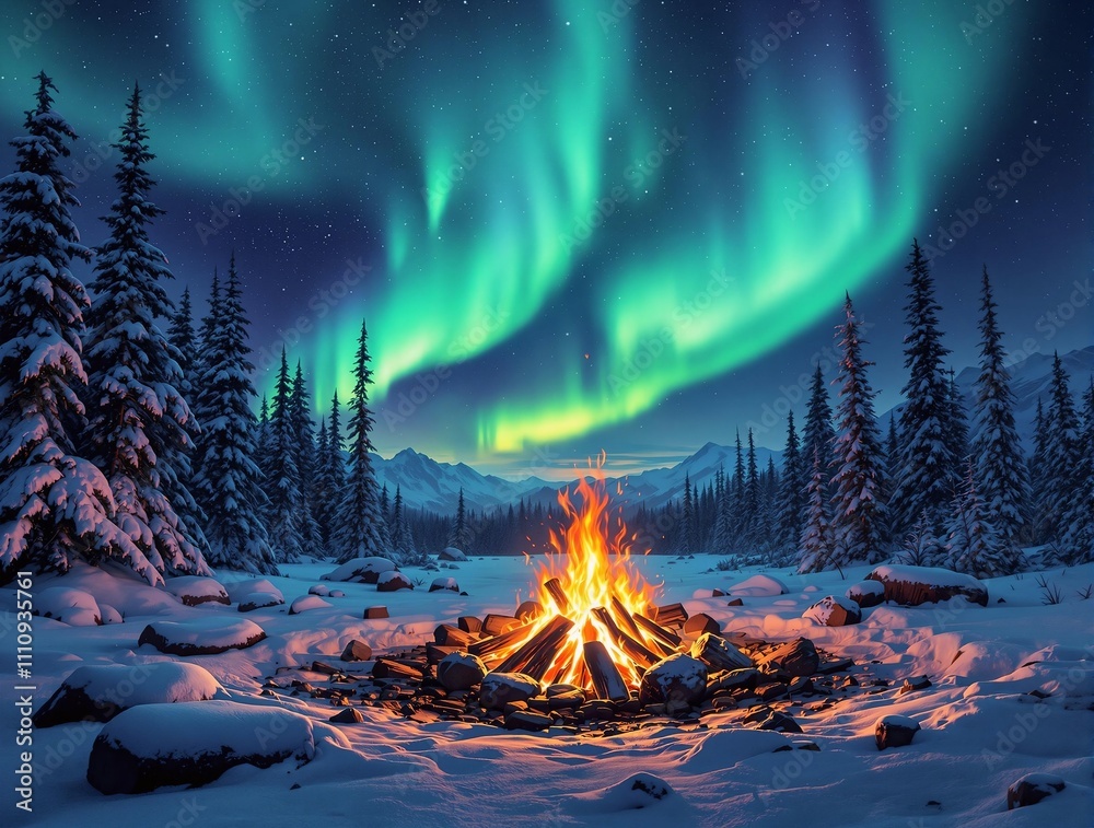 Poster a hyperrealistic image of a campfire glowing under a vivid aurora borealis in a snowy wilderness.