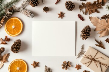 Fototapeta premium An assortment of pinecones, dried oranges, and rustic elements surrounds a blank card, creating a warm and inviting setting perfect for holiday greetings.
