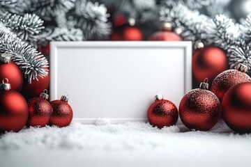Red Christmas ornaments and white frame among snowy decorations create a festive atmosphere suitable for holiday celebrations