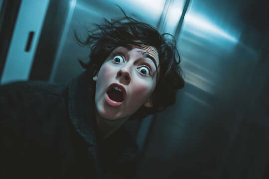 A person in an elevator experiences an unexpected fright in a dark, metallic enclosure