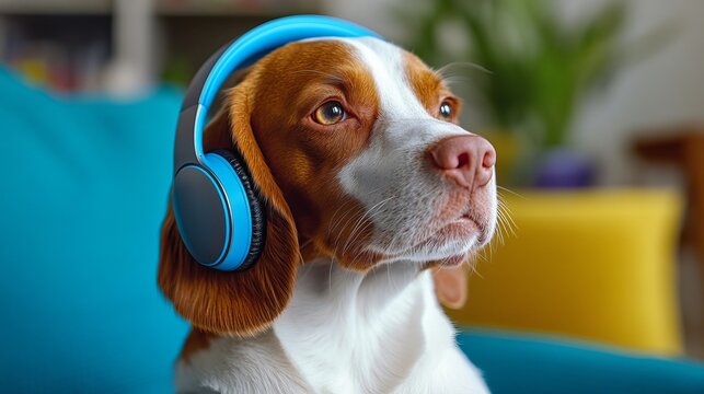 A beagle dog with striking brown and white fur listens to music through bright blue headphones, relaxing comfortably on a colorful couch.