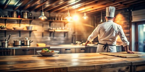 Rustic Wooden Table with Gourmet Dish in High-End Kitchen Setting - Sophisticated Culinary Scene with Warm Lighting and Professional Chef