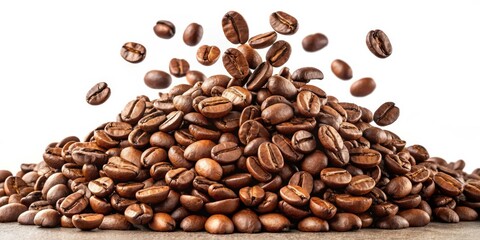 Obraz premium Roasted Coffee Beans Delight Closeup Capture of Suspended Beans in Motion on White Background - Rich, Aromatic, Captivating Shot for Coffee Lovers